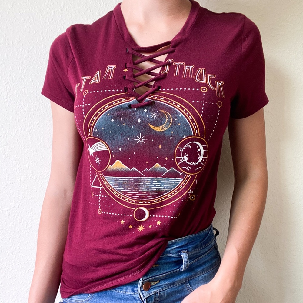 Boho star struck maroon lace up t-shirt